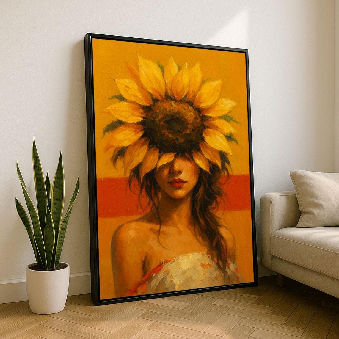 Woman With Sunflower Face Warm Orange Painterly Portrait Poster