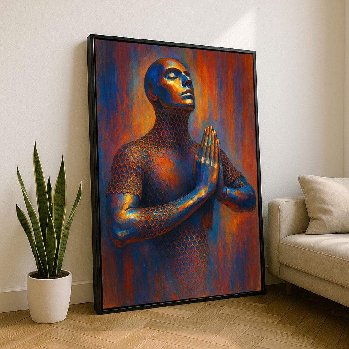 Calm Meditating Figure Blue Orange Abstract Prayer Pose Art Poster