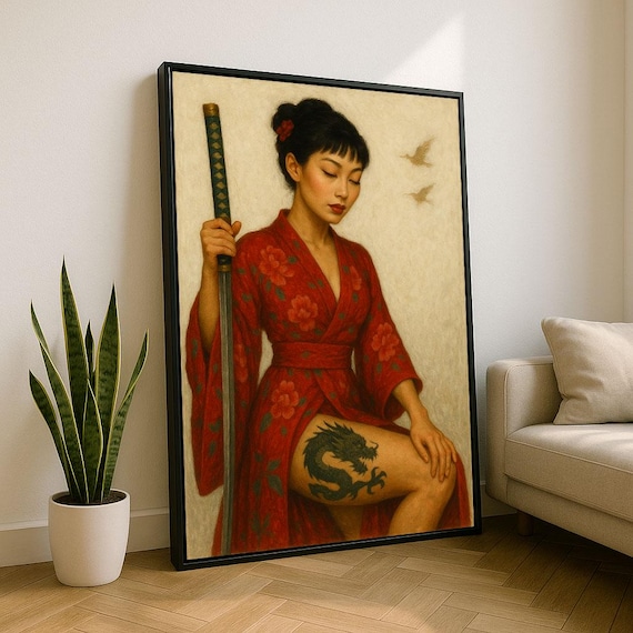 Elegant Asian Woman In Red Kimono Holding Sword Dragon Tattoo Poster