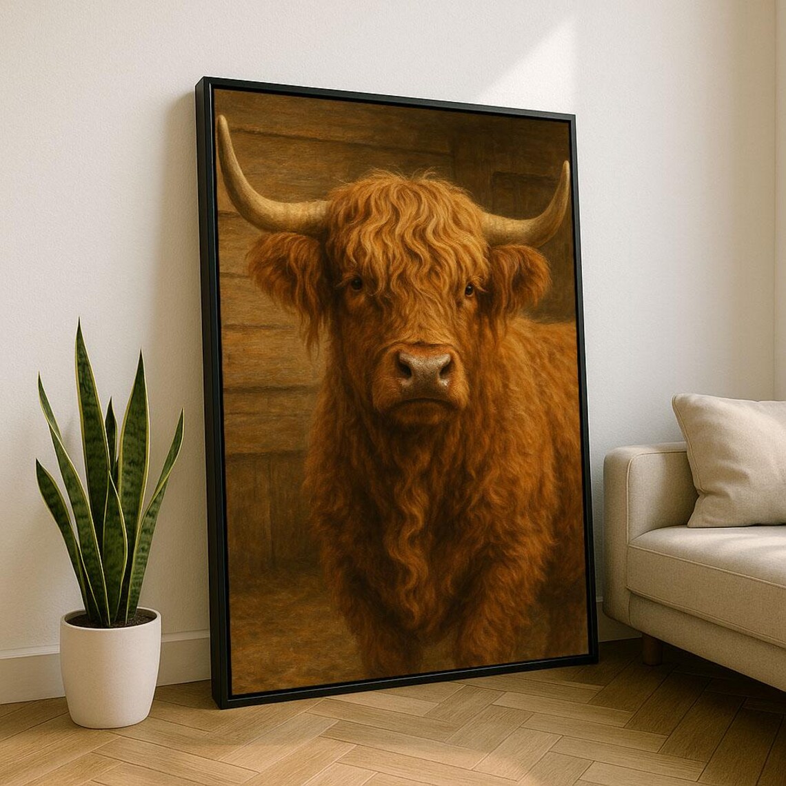 Highland Cow Portrait Rustic Brown Farmhouse Animal Scene Print
