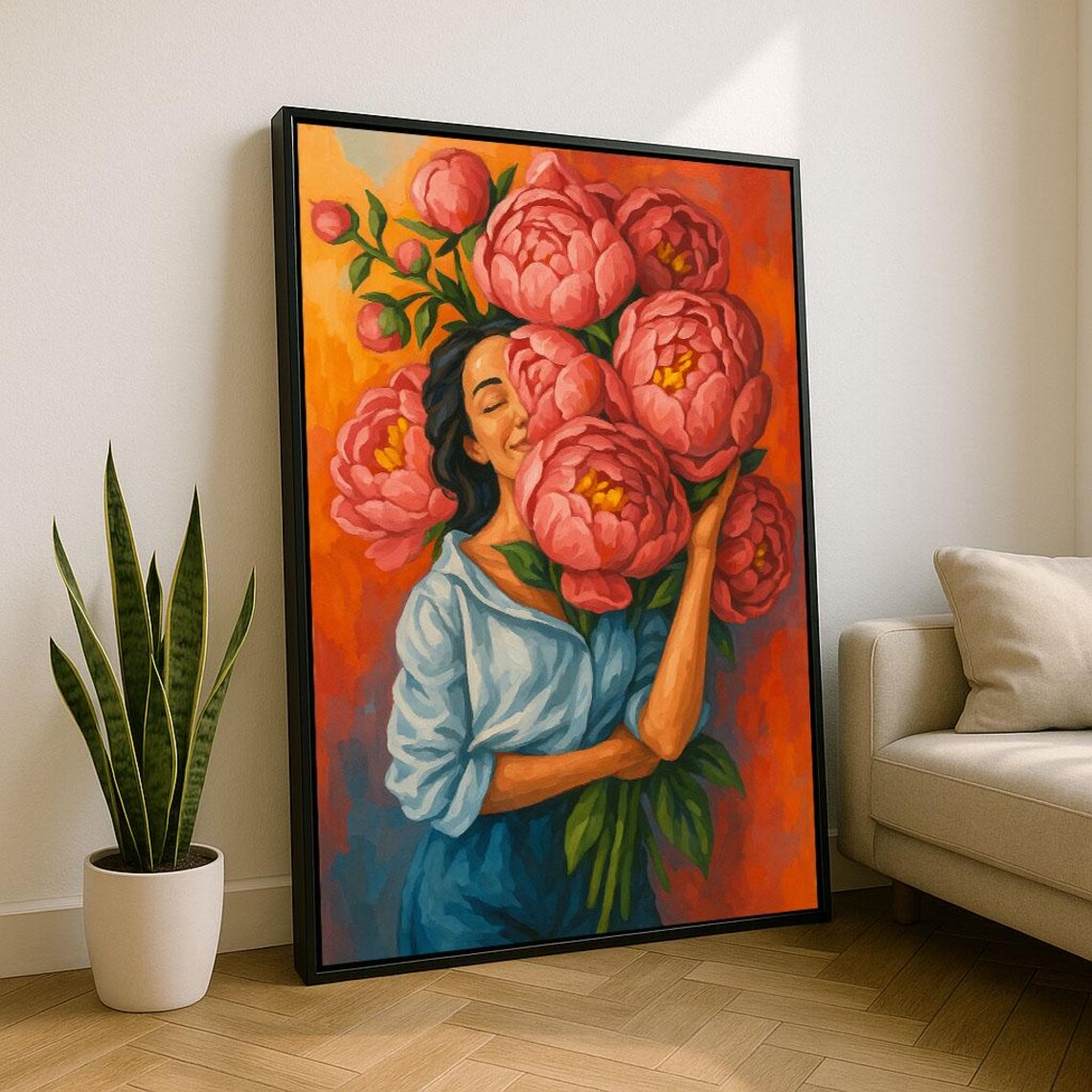 Romantic Woman With Giant Pink Peony Bouquet Blue Dress Art Poster