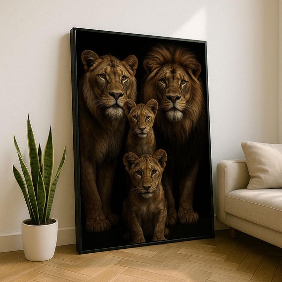 Regal Lion Family Portrait Canvas Wall Art Print Modern Living Room Decor Statement Piece