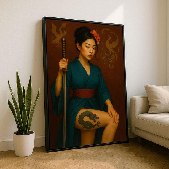 Elegant Samurai Woman Canvas Wall Art Print Japaneseinspired Living Room Decor Statement Piece