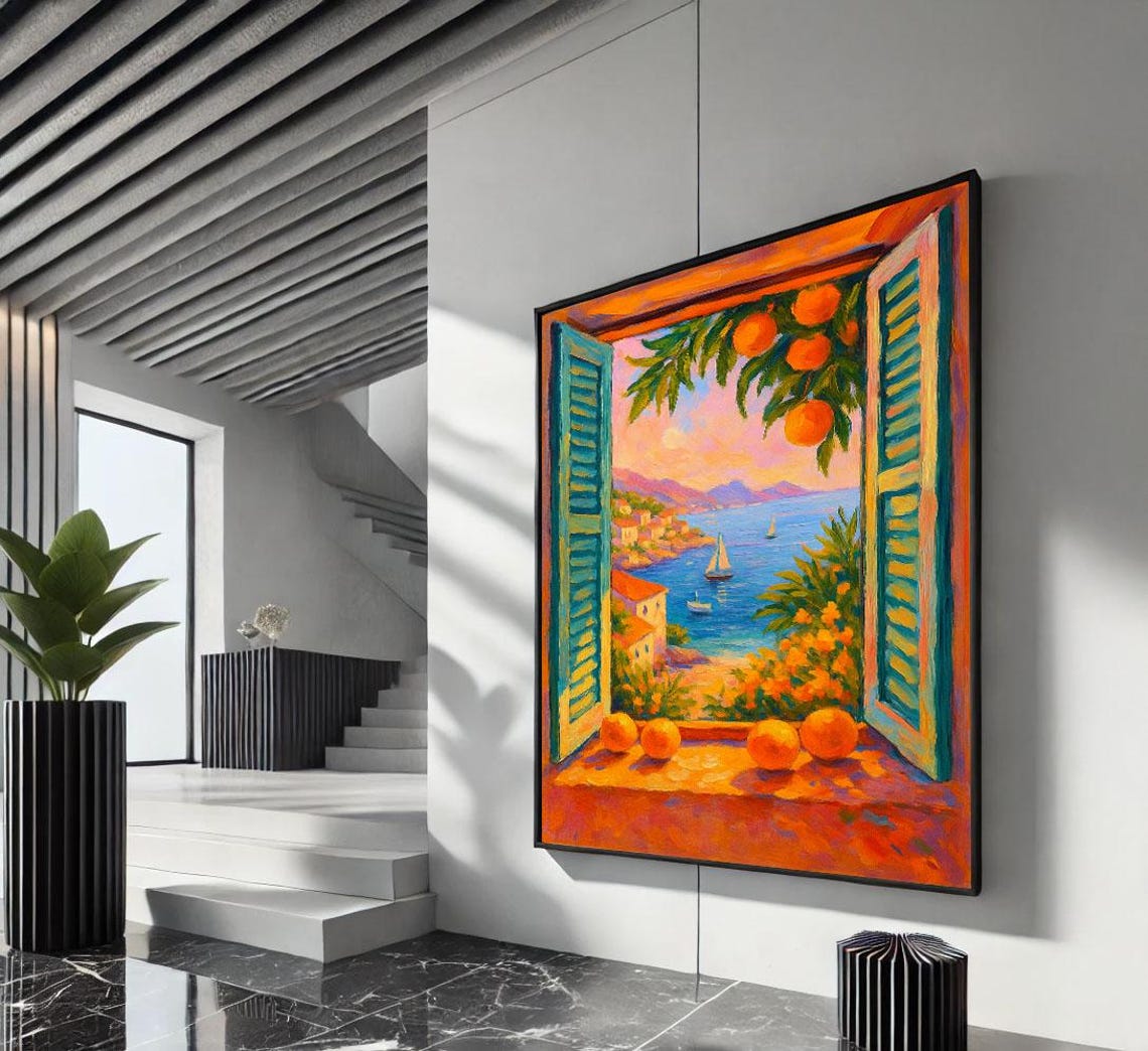 Mediterranean Window View With Oranges Sailboats Coastal Art Poster