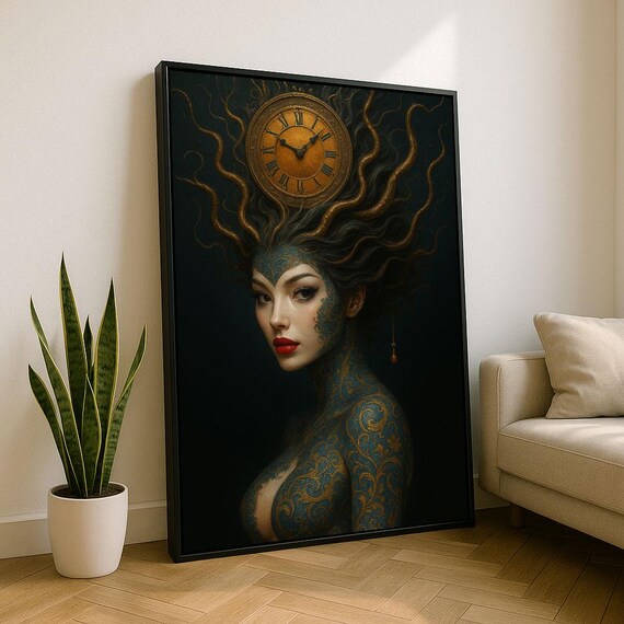 Elegant Surreal Woman With Clock Canvas Wall Art Print Dark Living Room Decor Statement Piece