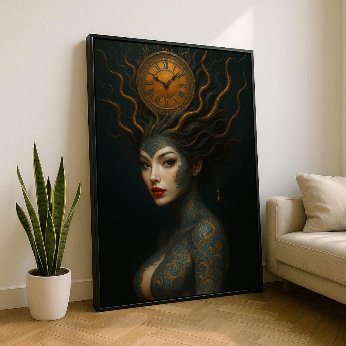 Surreal Woman With Golden Clock In Flowing Hair Mystical Poster
