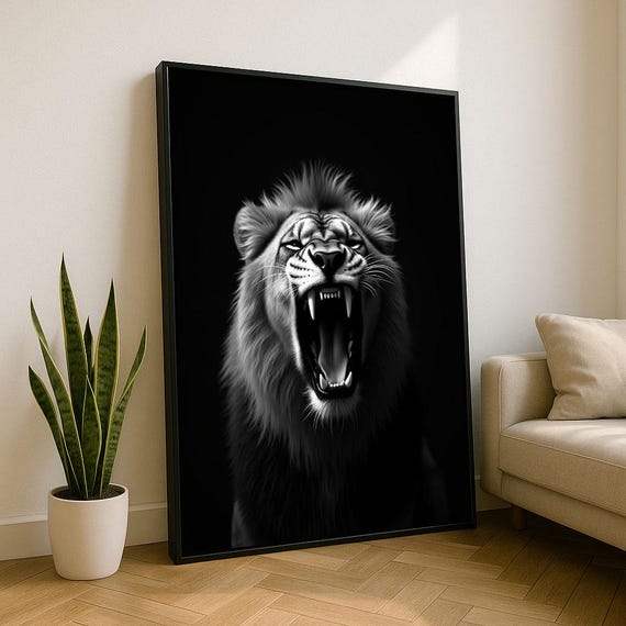 Fierce Lion Roaring Canvas Wall Art Print Monochrome Living Room Decor Statement Piece