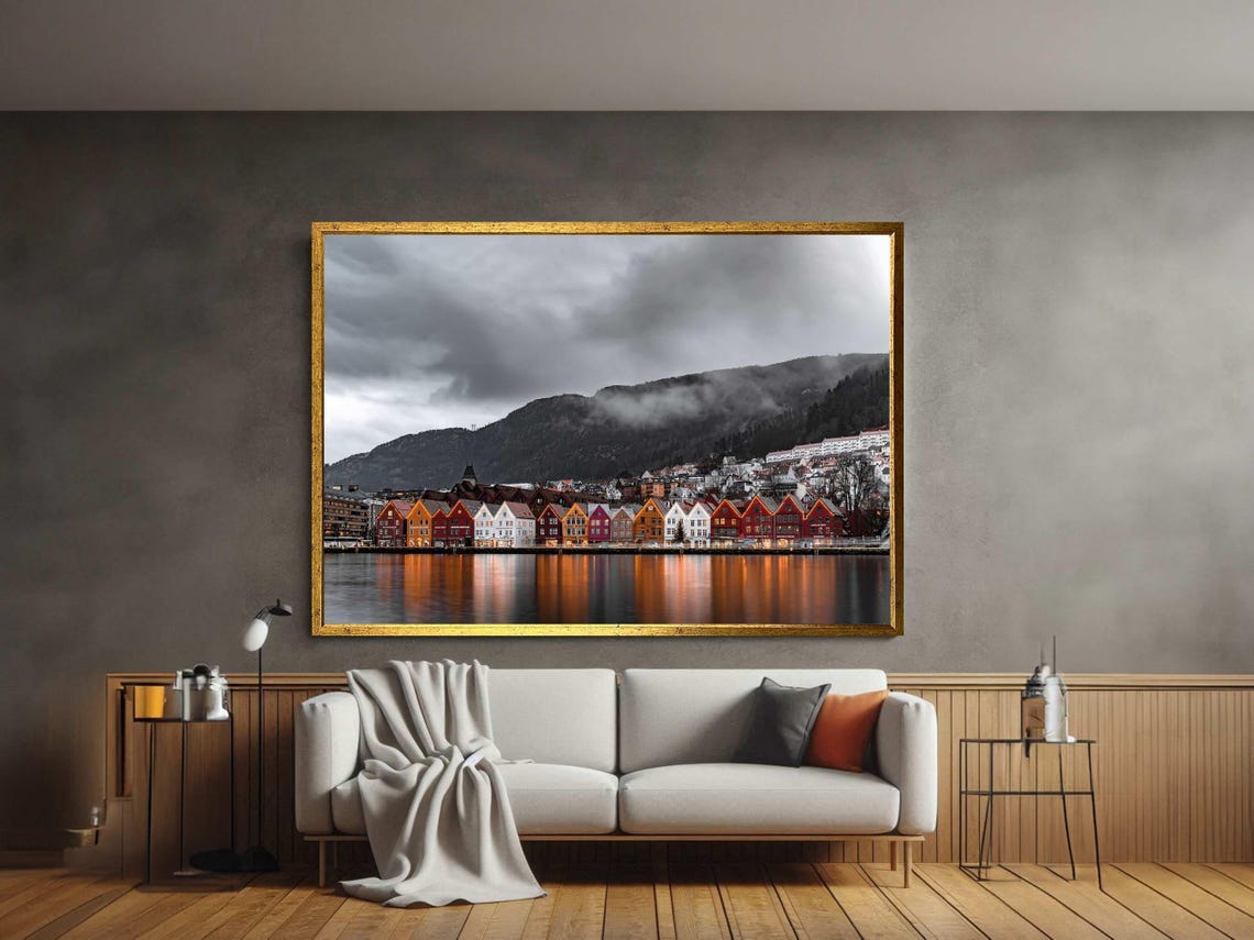 Bergen Norway Colorful Waterfront Reflections Scenic Art Poster