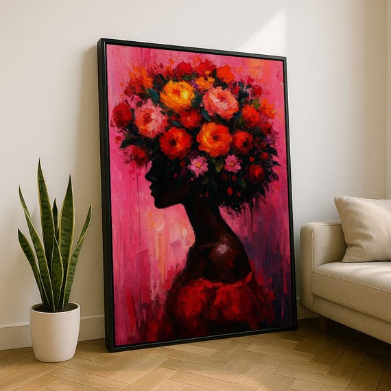 Bold African Woman With Floral Hair Canvas Wall Art Print Vibrant Living Room Decor Statement Piece