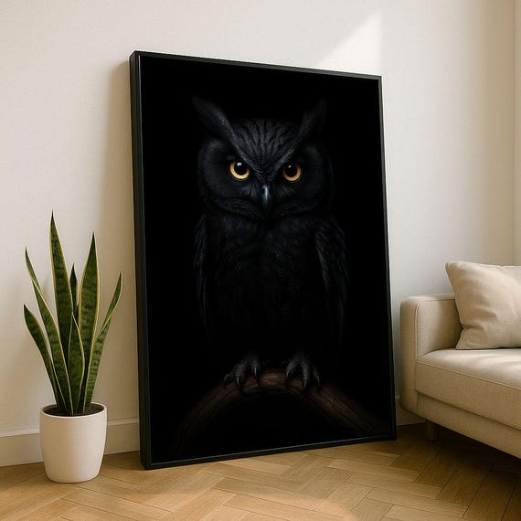 Mysterious Black Owl Portrait Canvas Wall Art Print Bold Living Room Decor Statement Piece