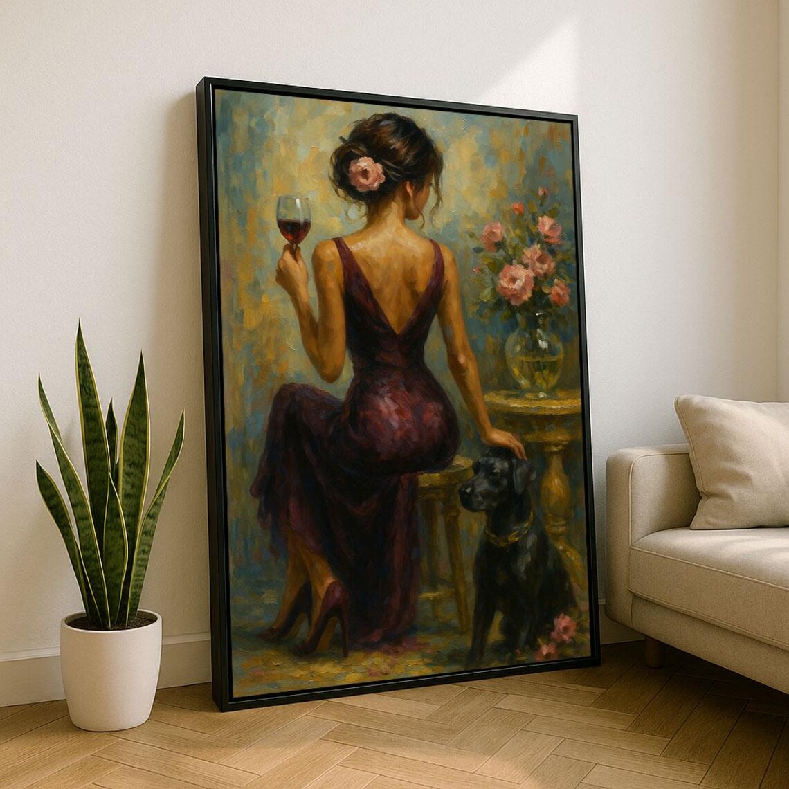 Elegant Woman With Wine Glass And Black Dog Roses Romance Art Poster