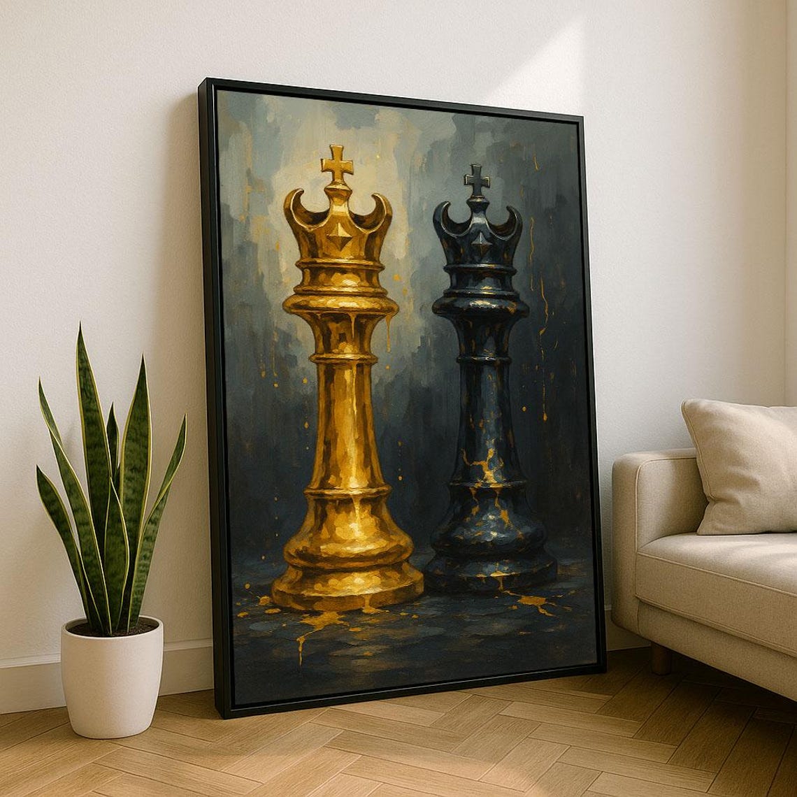 Golden Black Chess King Pieces Crown Regal Dramatic Oil Poster