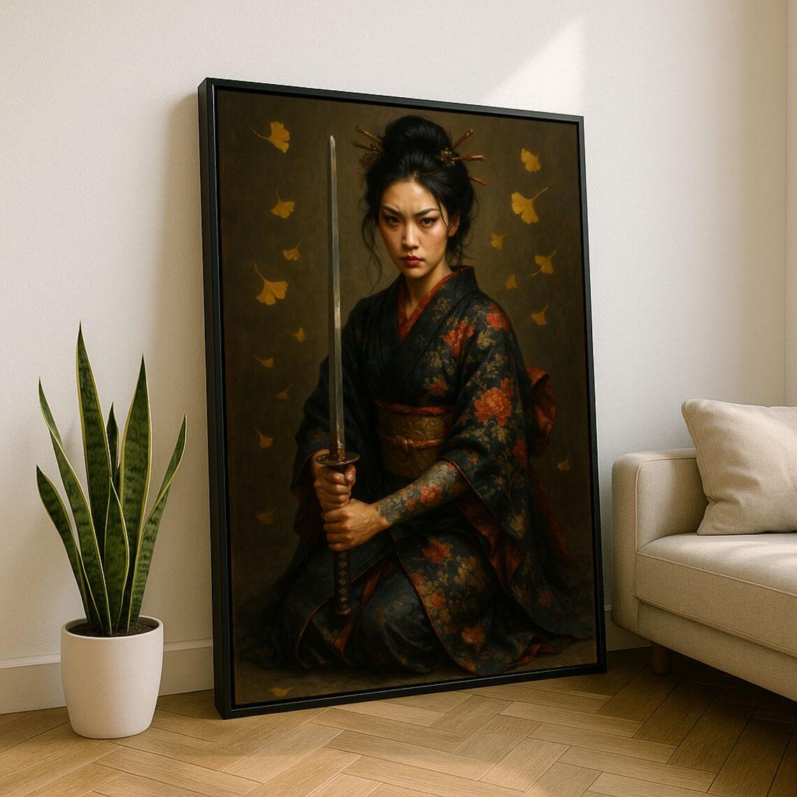 Elegant Samurai Woman Portrait Canvas Wall Art Print Asianinspired Living Room Decor Statement Piece