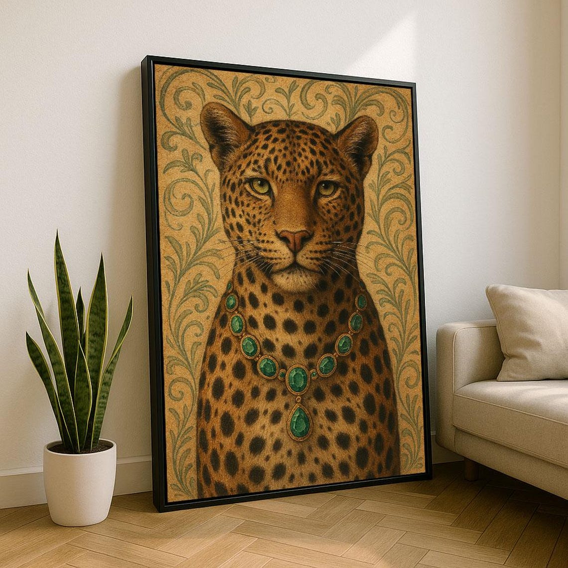 Leopard Portrait Emerald Necklace Elegant Regal Animal Art Print