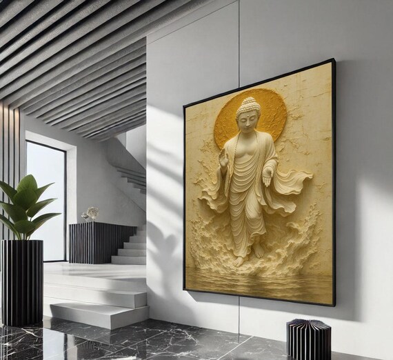 Golden Standing Buddha Marble Sculpture With Halo Relief Poster