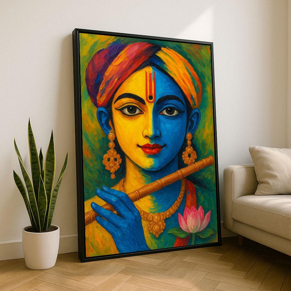 Vibrant Krishna Portrait Flute Lotus Colorful Hindu Deity Poster