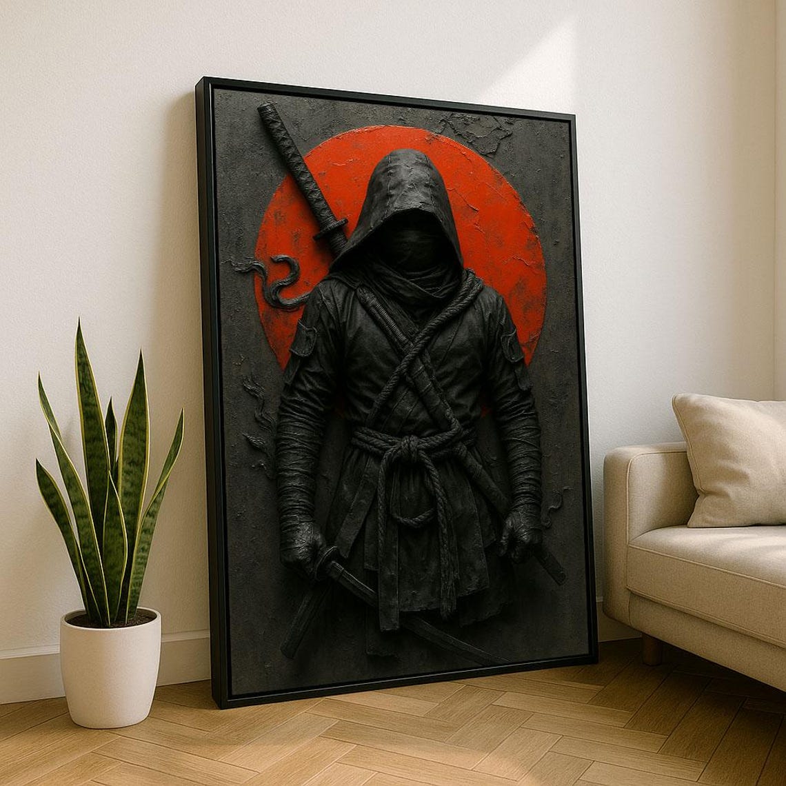 Mysterious Hooded Samurai Black Cloak Red Sun Sculptural Poster