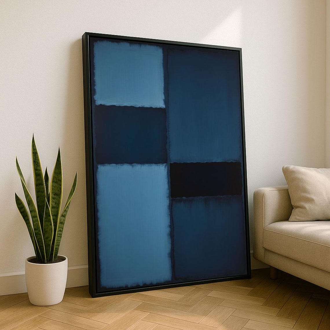 Indigo Blue Checkerboard Block Grid Modern Abstract Art Poster
