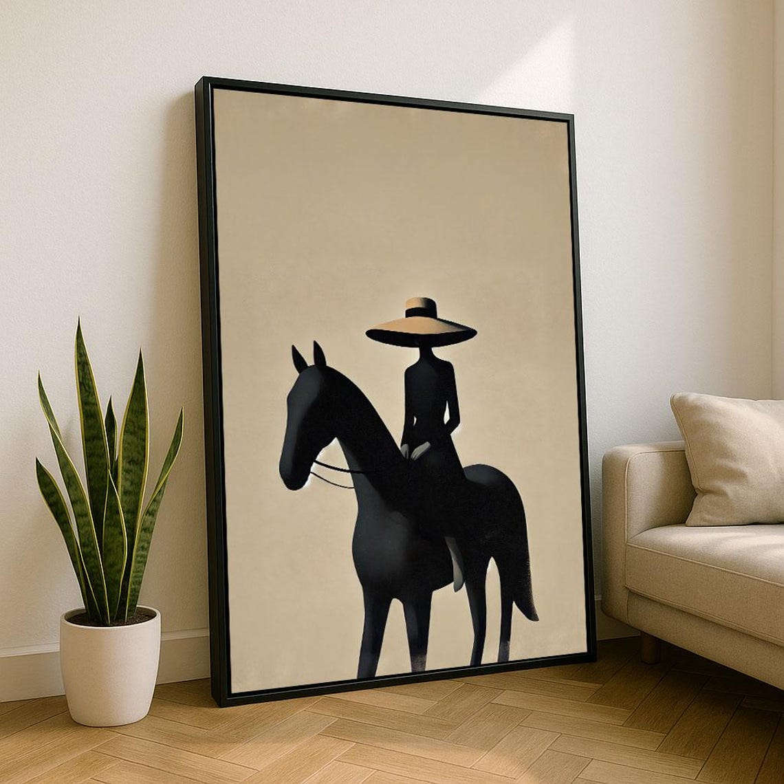 Minimalist Equestrian Silhouette Rider Horse Beige Modern Print