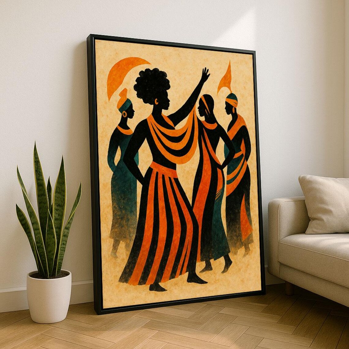 African Tribal Women Dance Silhouette Warm Earth Tones Poster