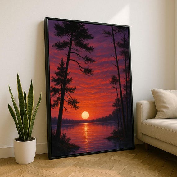 Serene Sunset Lake Landscape Canvas Wall Art Print Warm Living Room Decor Statement Piece