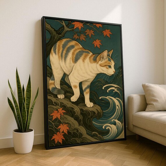 Japanese Style Cat Walking on Rocky Shore Amidst Waves Poster