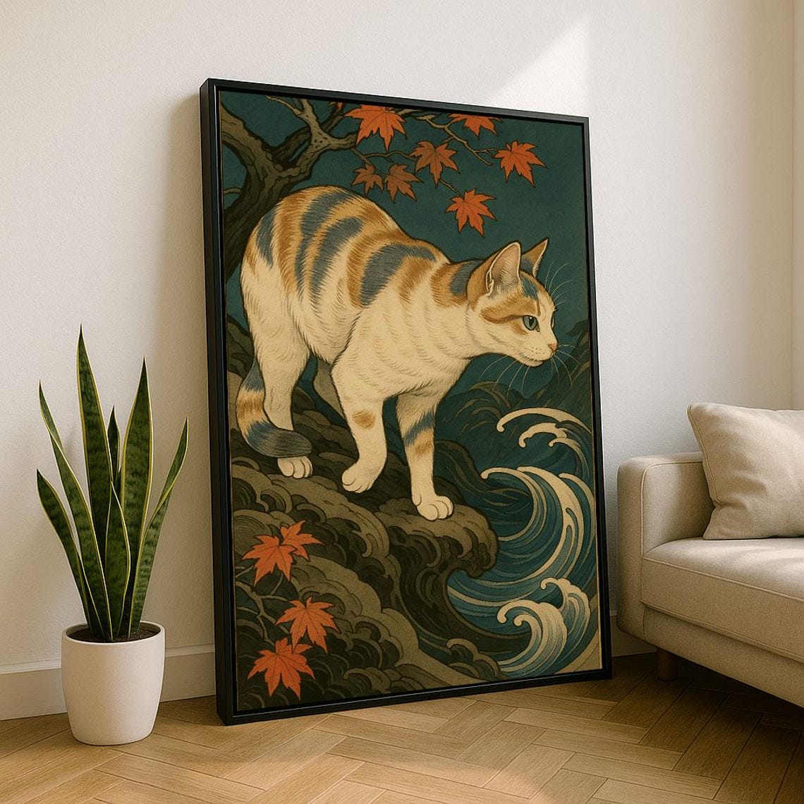 Japanese Style Cat Walking on Rocky Shore Amidst Waves Poster