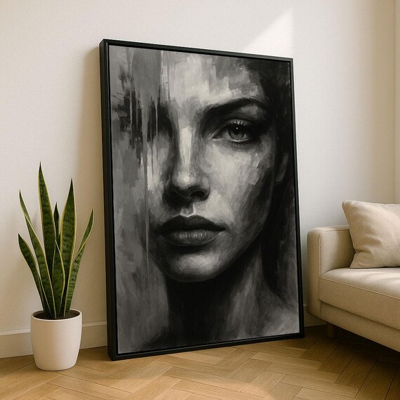 Haunting Monochrome Woman Portrait Canvas Wall Art Print Modern Living Room Decor Statement Piece