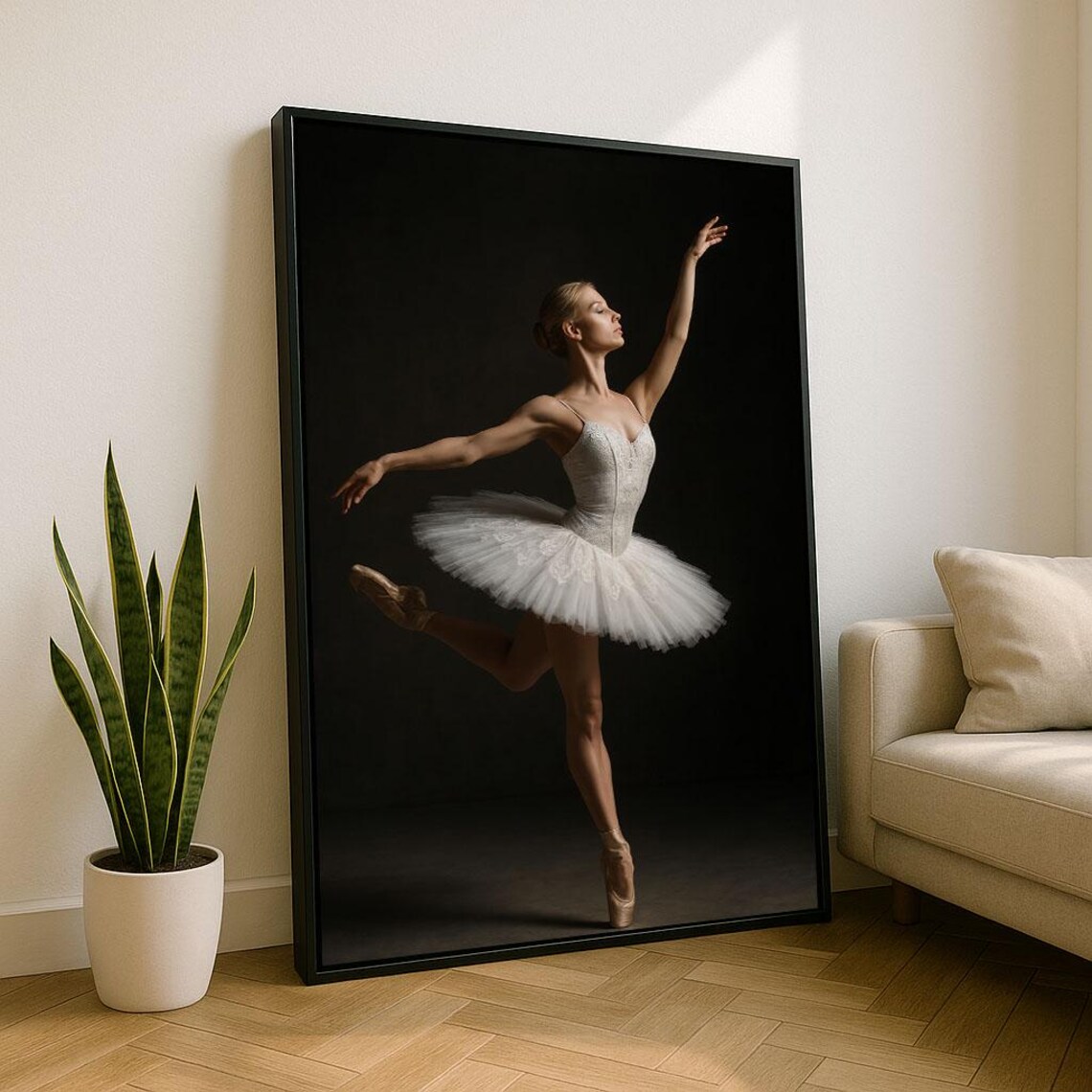 Elegant Ballerina In White Dress In Arabesque On Black Art Poster