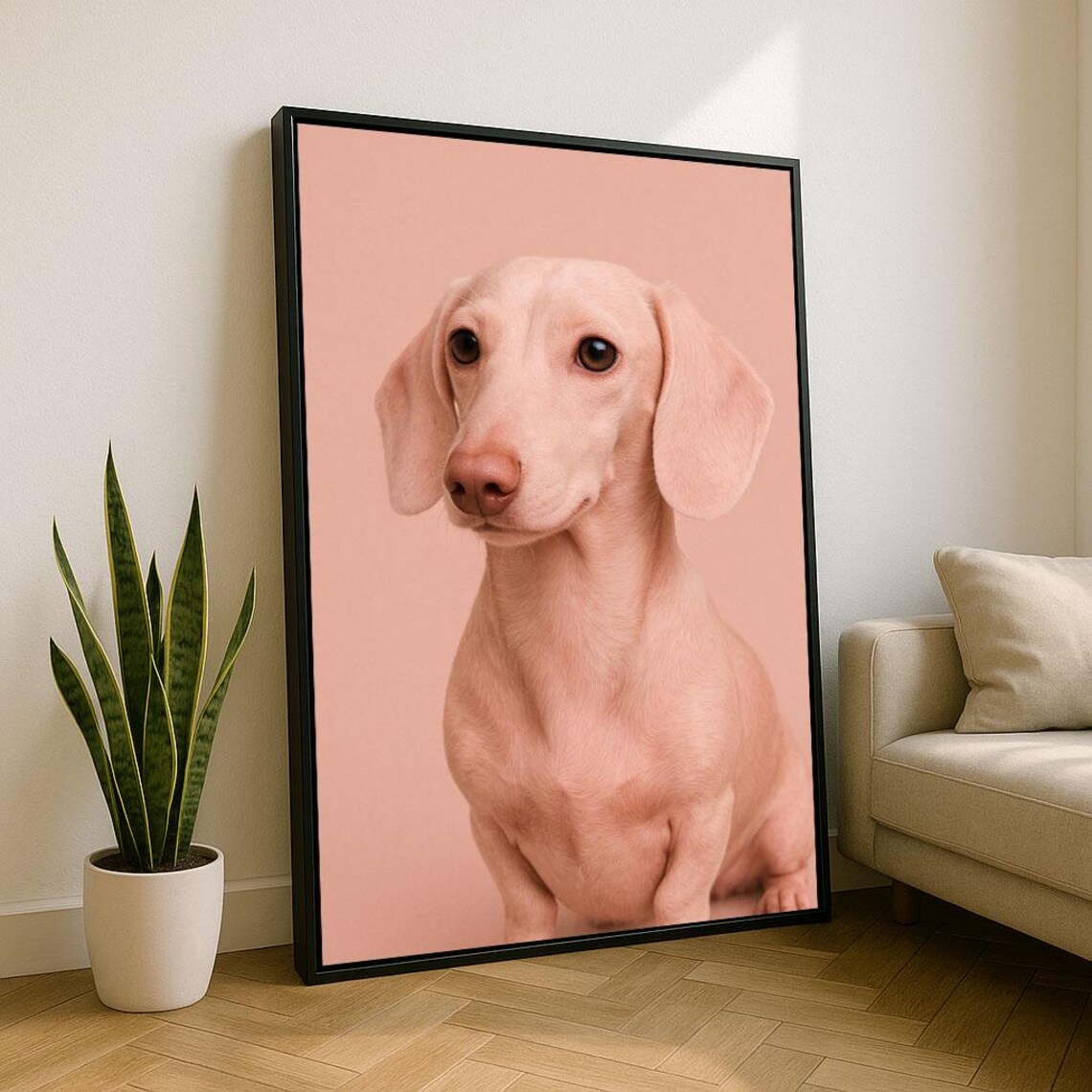 Cream Dachshund Puppy Portrait on Soft Pink Background Cute Dog Poster