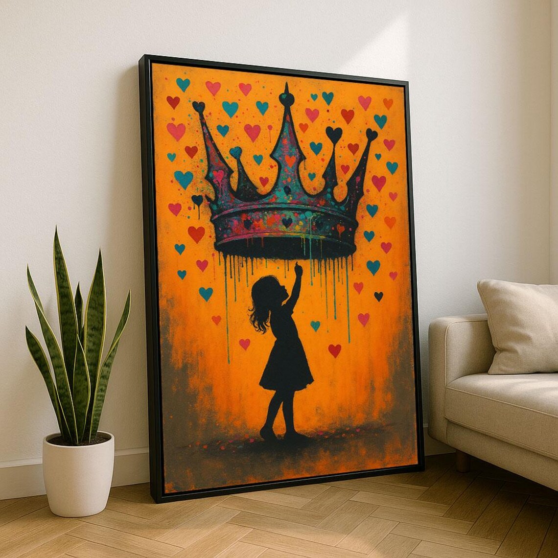 Empowering Girl Reaching For Crown With Hearts Street Art Poster