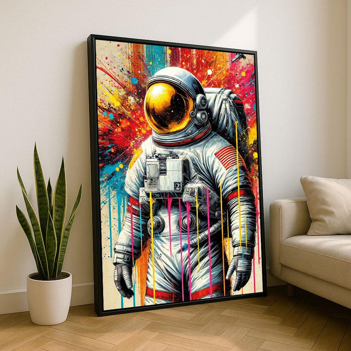 Vibrant Astronaut Pop Art Golden Visor Graffiti Splash Poster