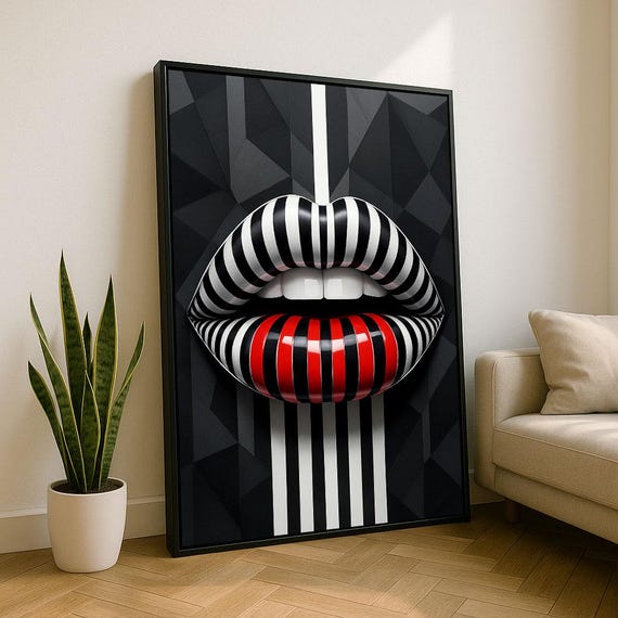 Bold Striped Lips Pop Art Canvas Wall Print Black And Red Living Room Decor Statement Piece