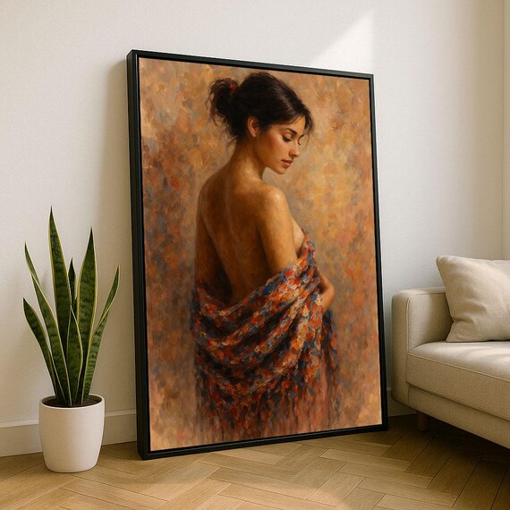 Woman Wrapped in Colorful Shawl from Behind Warm Painterly Figure Poster
