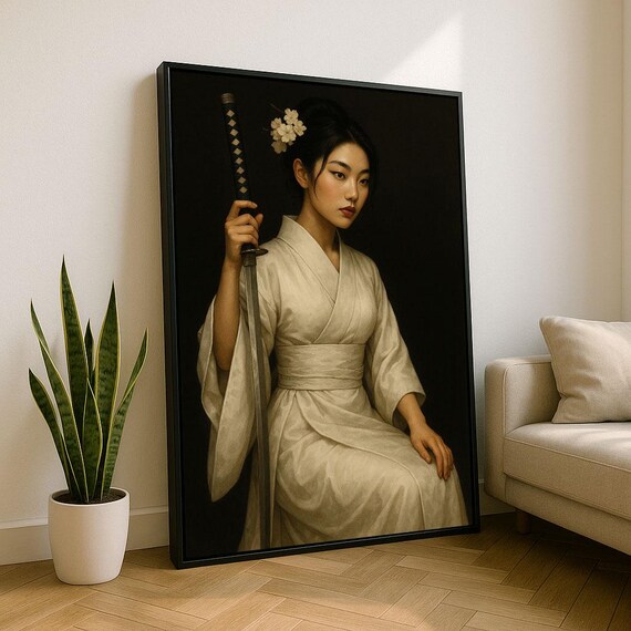 Elegant Samurai Woman Portrait Canvas Wall Art Print Minimalist Living Room Decor Statement Piece