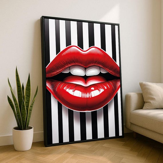 Bold Red Lips Pop Art Canvas Wall Print Modern Living Room Decor Statement Piece