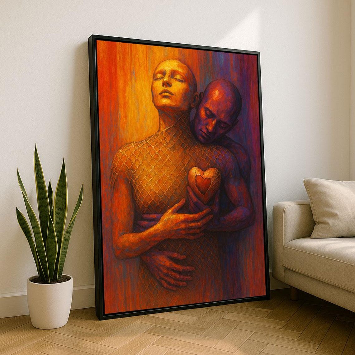 Warm Couple Embrace Painting With Heart Hands Orange Glow Poster