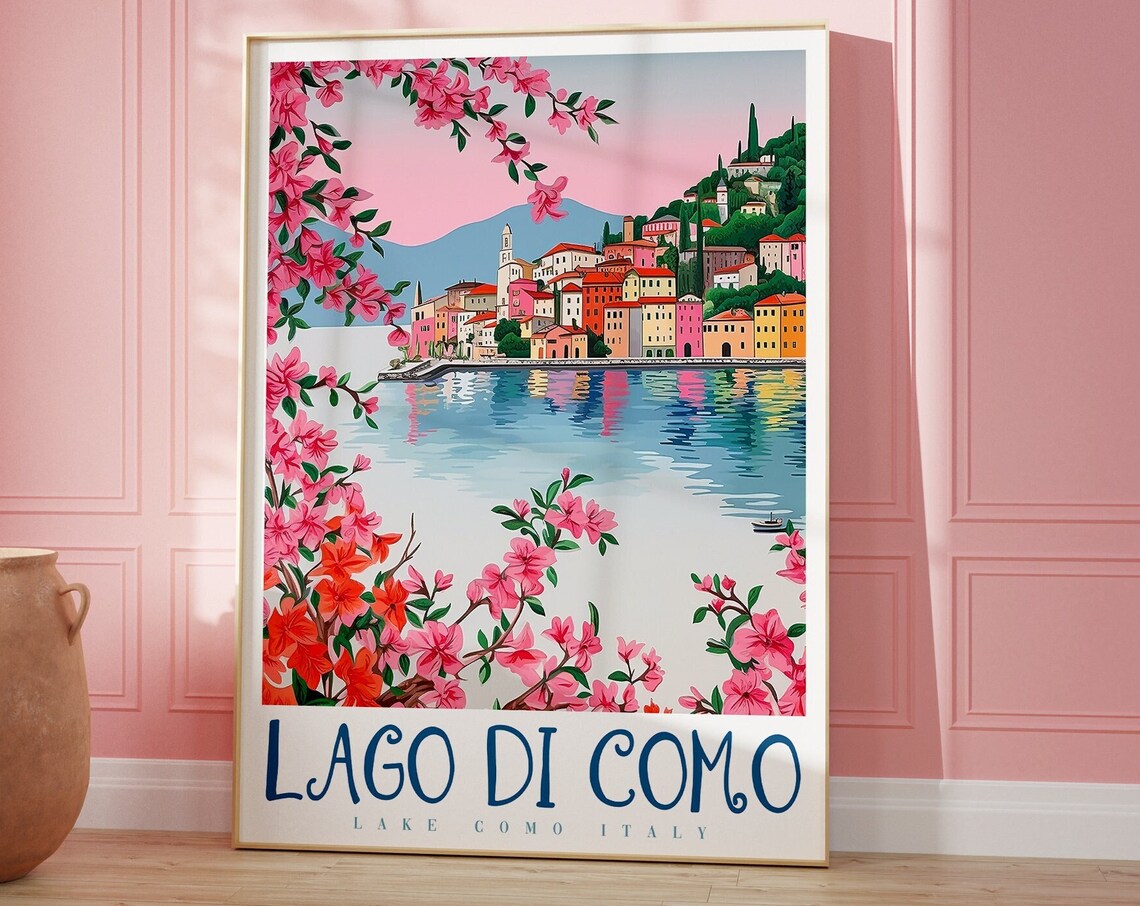 Lago Di Como Italy Pink Blossom Lakeside Village Colorful Poster