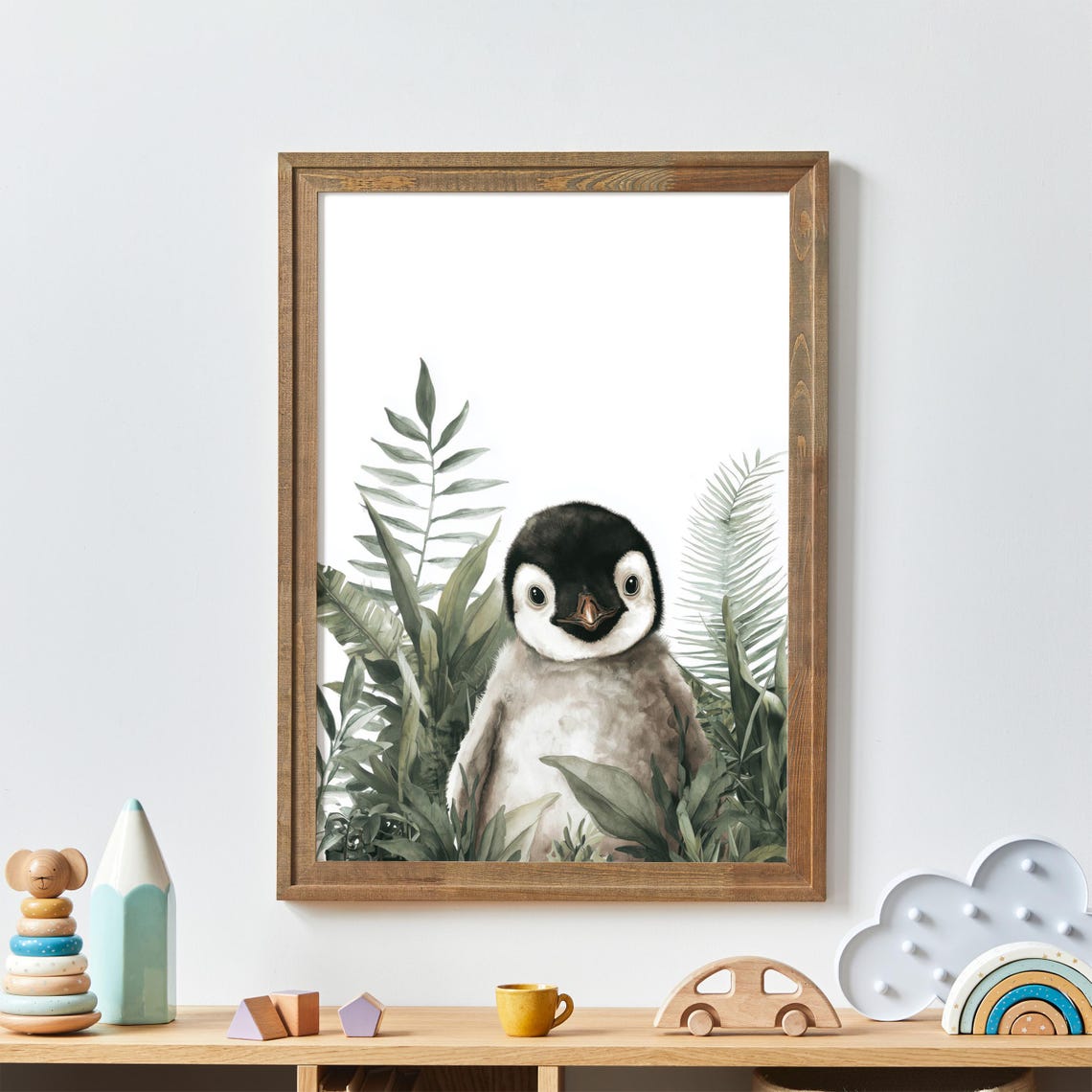 Baby Penguin Watercolor Nursery Art Poster Green Botanical Leaves