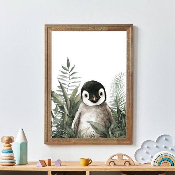 Baby Penguin Watercolor Nursery Art Poster Green Botanical Leaves