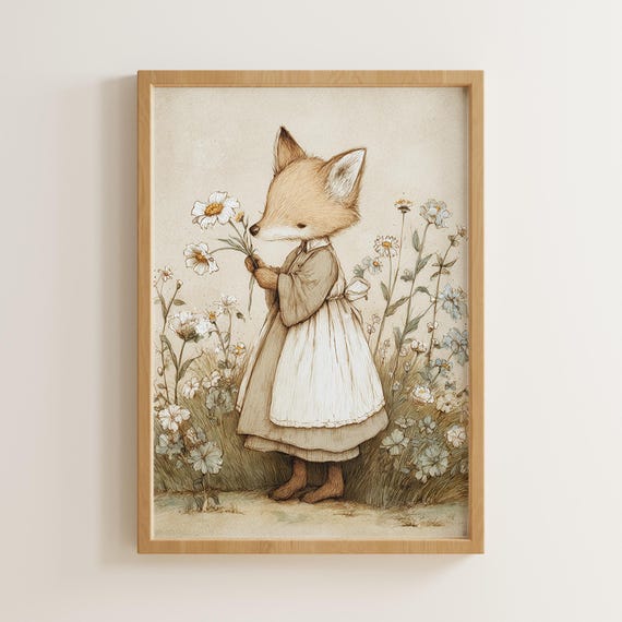 Nursery Wall Art Fox In Dress With Flowers