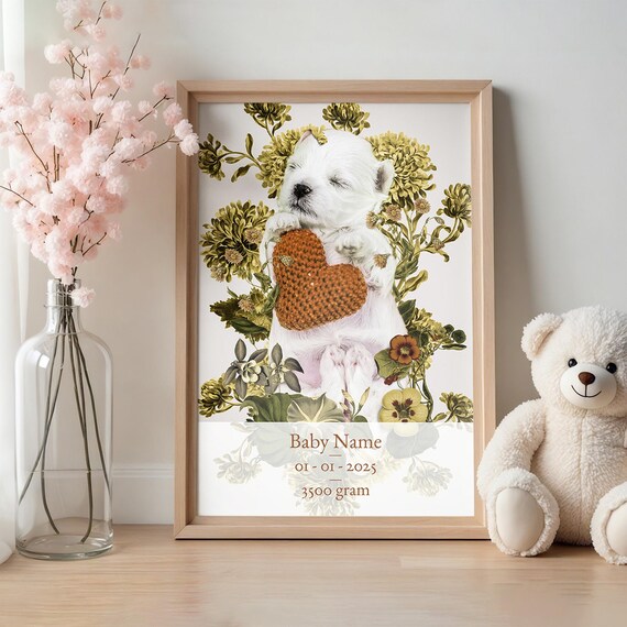 Personalized Baby Name Poster Puppy Birth Stats Newborn Gift
