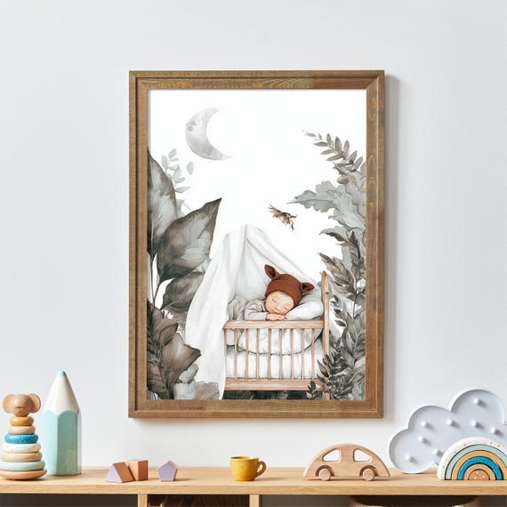 Sleeping Baby Nursery Art Print Moon And Greenery