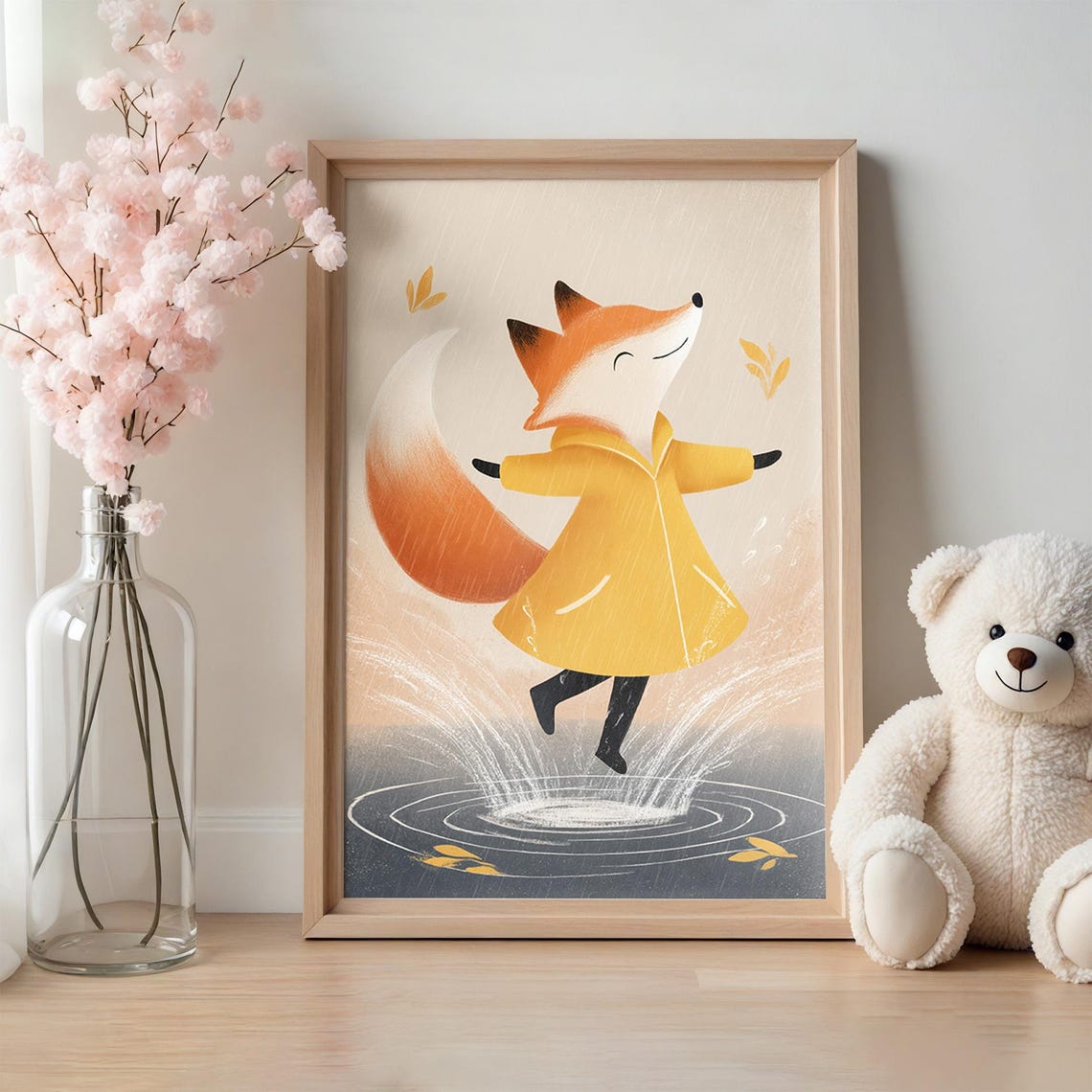 Happy Fox Yellow Raincoat Splashing Puddle Rainy Day Nursery Print