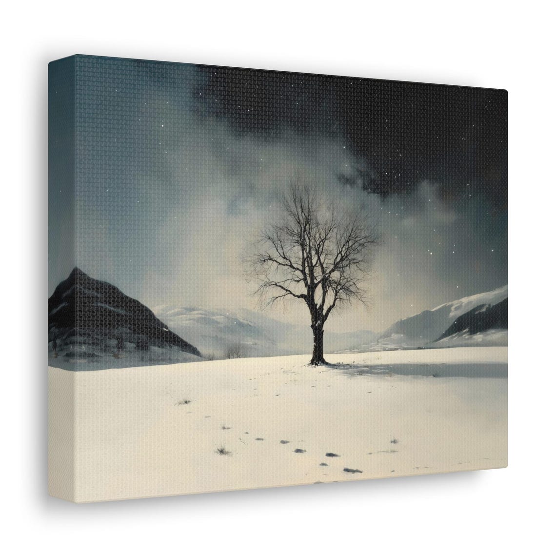 Lone Tree Under Starry Winter Night Sky Snowfield Art Poster - Image 2