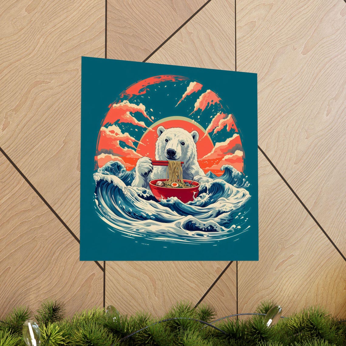 Polar Bear Noodle Bowl Ocean Waves Crimson Sun Canvas Wall Print - Image 3