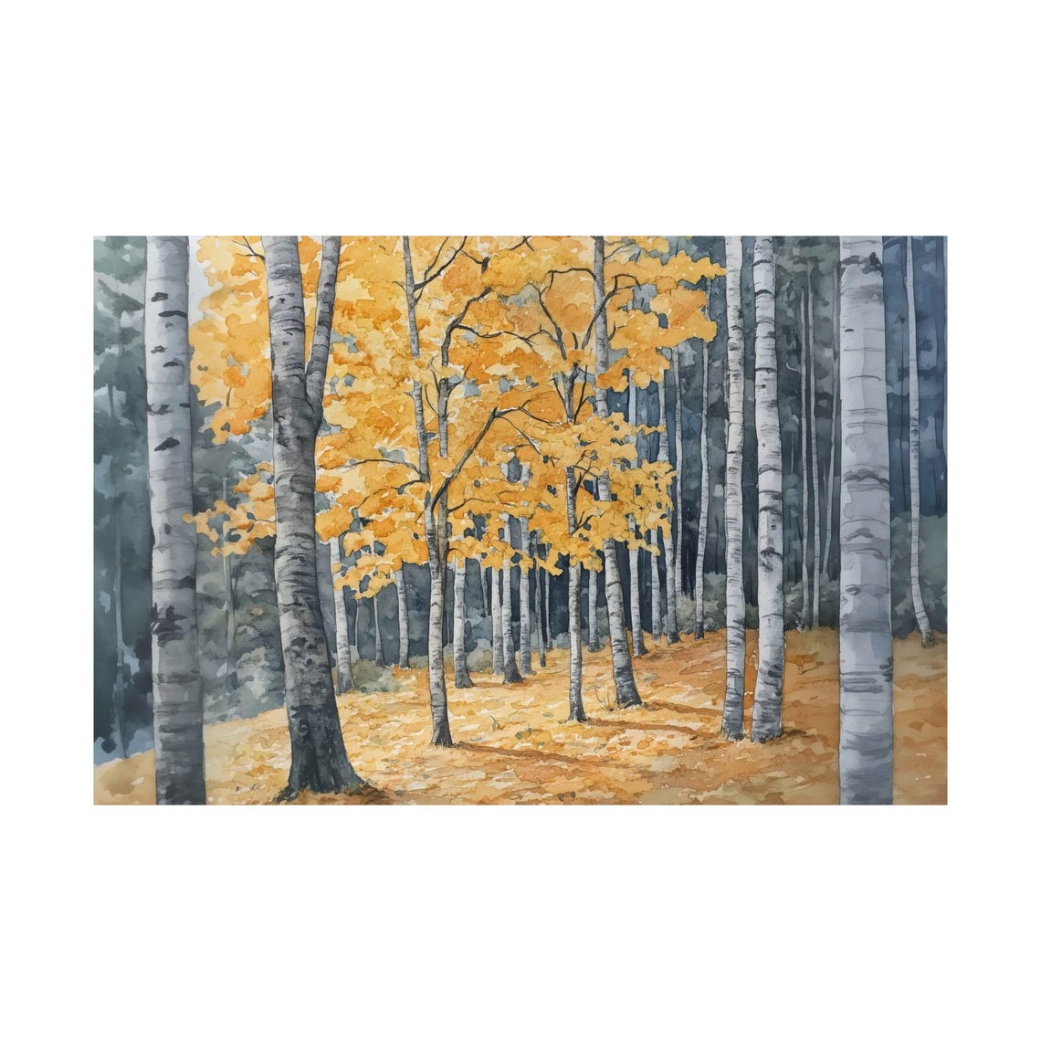 Golden Birch Forest Autumn Watercolor Trees Landscape Poster - Image 3