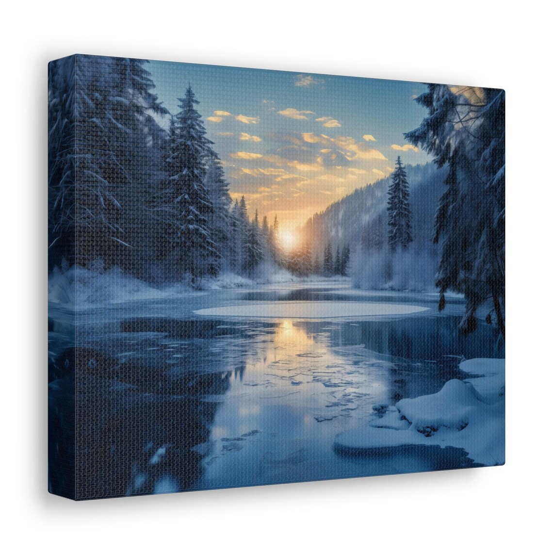 Sunrise Over Icy Lake With Pine Forest Reflection In Winter Morning Poster - Image 2