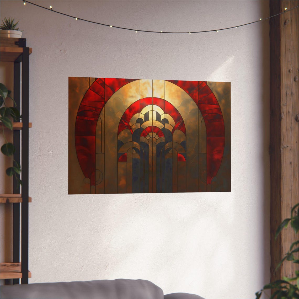 Red And Gold Art Deco Stained Glass Arch Window Square Wall Art - Image 2
