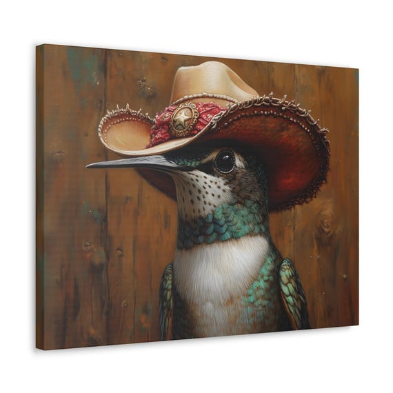 Hummingbird Cowboy Maximalist Eclectic Western Print Bold Altered Party Portrait Fantasy Fun Colorful Renaissance Rustic Art